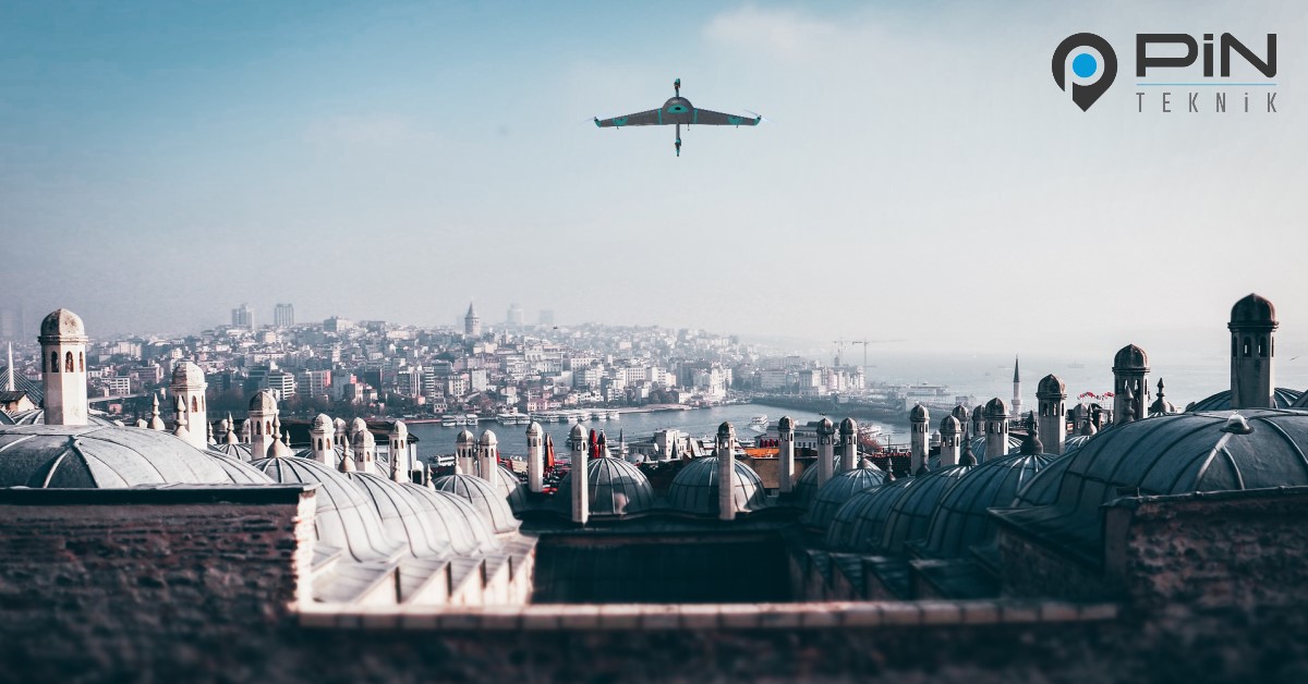 Illustration of the Marlyn VTOL Fixed-Wing Drone flying over Seoul (Korea)